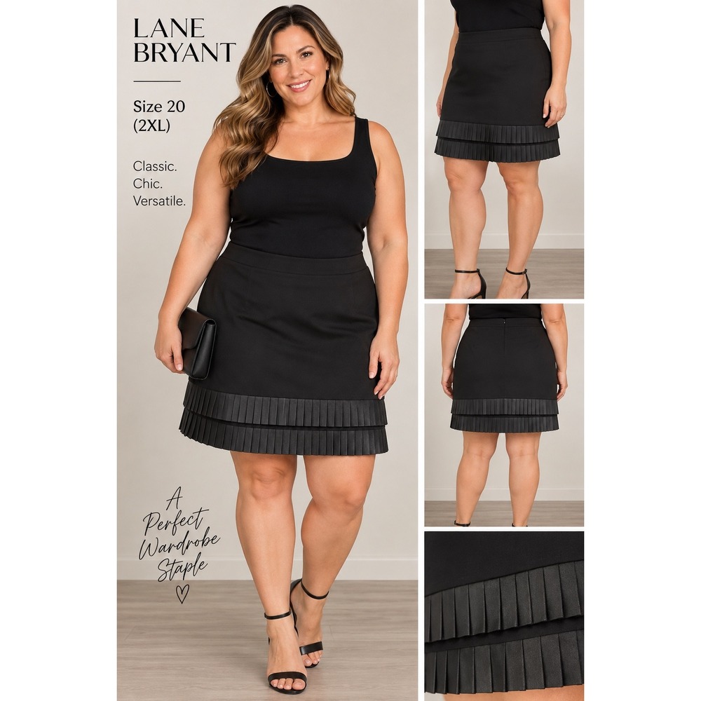 Lane Bryant Black Pleated Satin Trim Pencil Skirt Size 20 back Zip Stretch